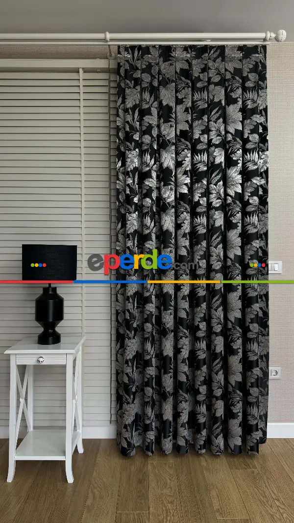 Siyah Gümüş Vizon Çiçek Desen Premium Jakar Dokuma Fon Perde - Premium Kalite Serisi Ağır Gramajlı