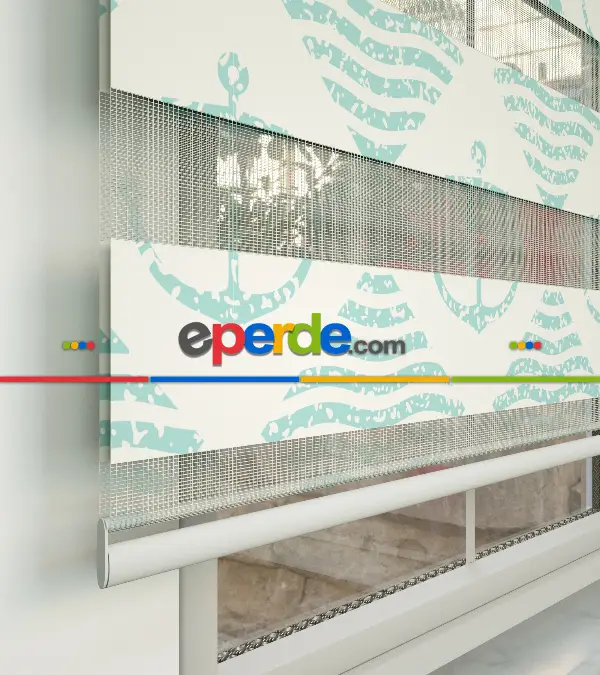 Bebek Odası Zebra Perde - Çapa Baskılı Zebra Perde- Krem Açık-Su Yeşili