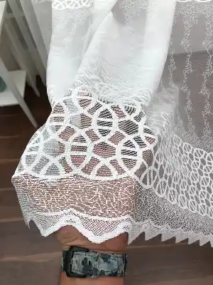 Enine Çizgili Arası Geometrik Örme Tül Perde Yüksek Kalite- Ekru