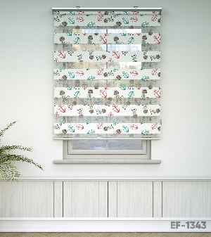 Bebek Odası Zebra -  Çapa Ve Denizci Kedi Desen Baskılı Zebra Perde- Yeşil-Kırmızı-Ekru