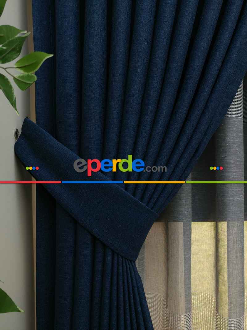 Keten Lacivert Renk Düz Fon Perde- Lacivert