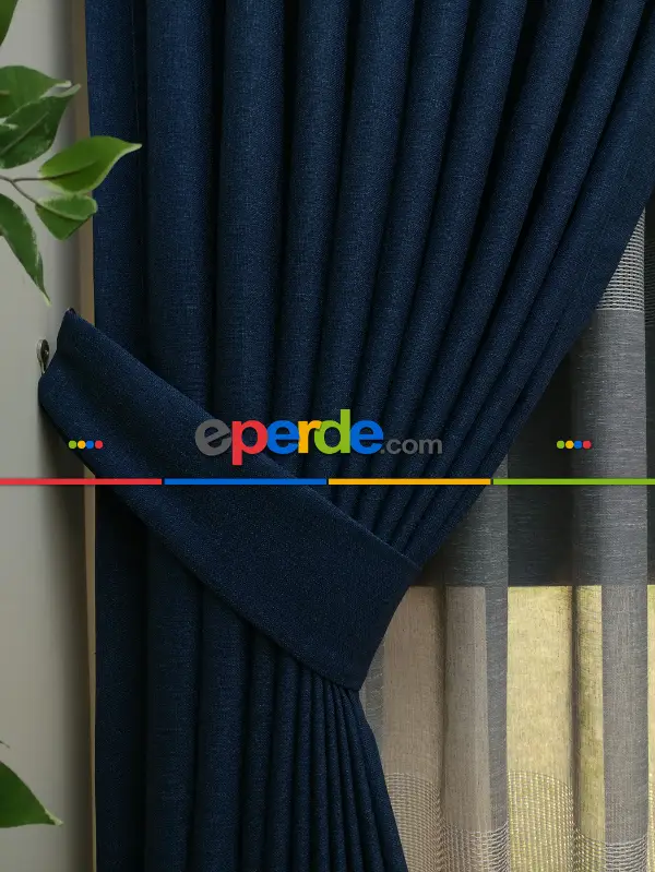 Salon Fon - Keten Lacivert Renk Düz Fon Perde- Lacivert