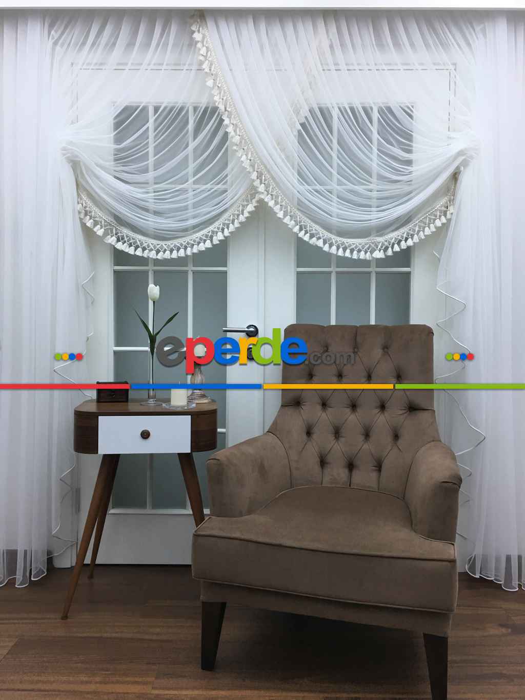 Kampanyalı Saçak Dahil Fiyat - Düz Tül Kruvaze Perde- Ekru