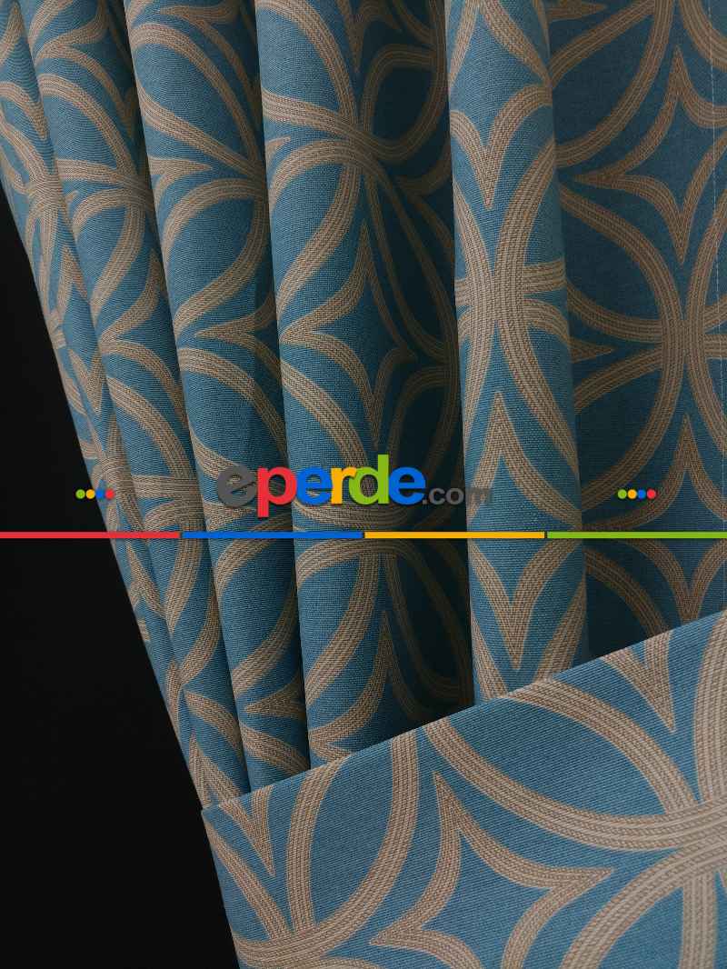 Dairesel Desenli Yatak Odası Fon Perde- Turkuaz