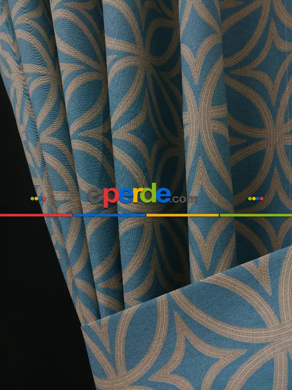 Salon Fon Perde - Dairesel Desenli Yatak Odası Fon Perde- Turkuaz