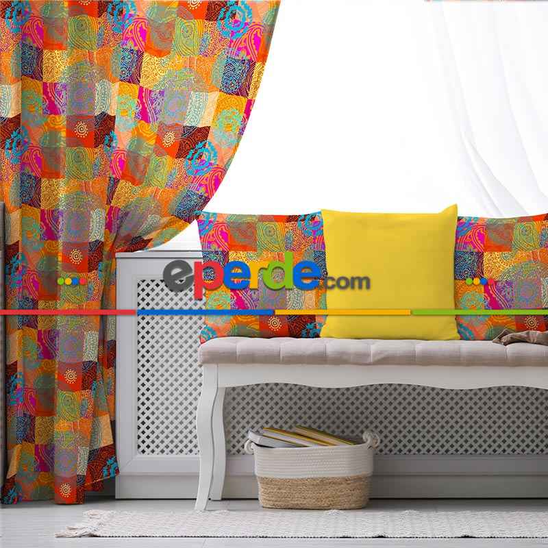 Etnik Desenli Fon Perde Evim K-209 Kumaşı Kalındır Duck Bezi Değildir