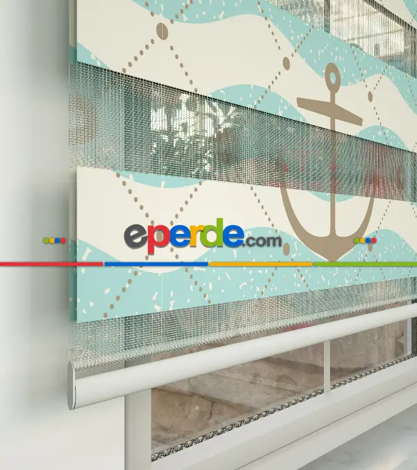 Çocuk Odası Zebra Perde - Çapa Baskılı Zebra Perde- Beyaz-Krem-Turkuaz-Kahve