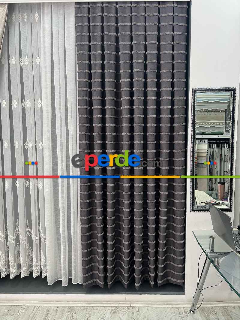 Oturma Odası - Padişah Desenli Keten Fon Perde - Koyu Bej