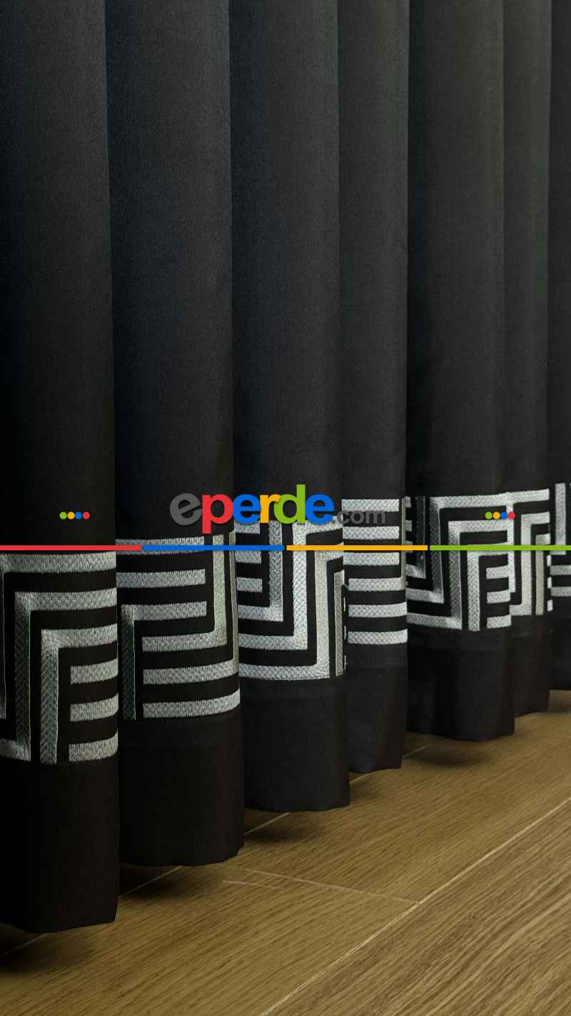 Siyah Etek Ucu Gümüş Nakış İşlemeli Bordür Jakar Dokuma Fon Perde