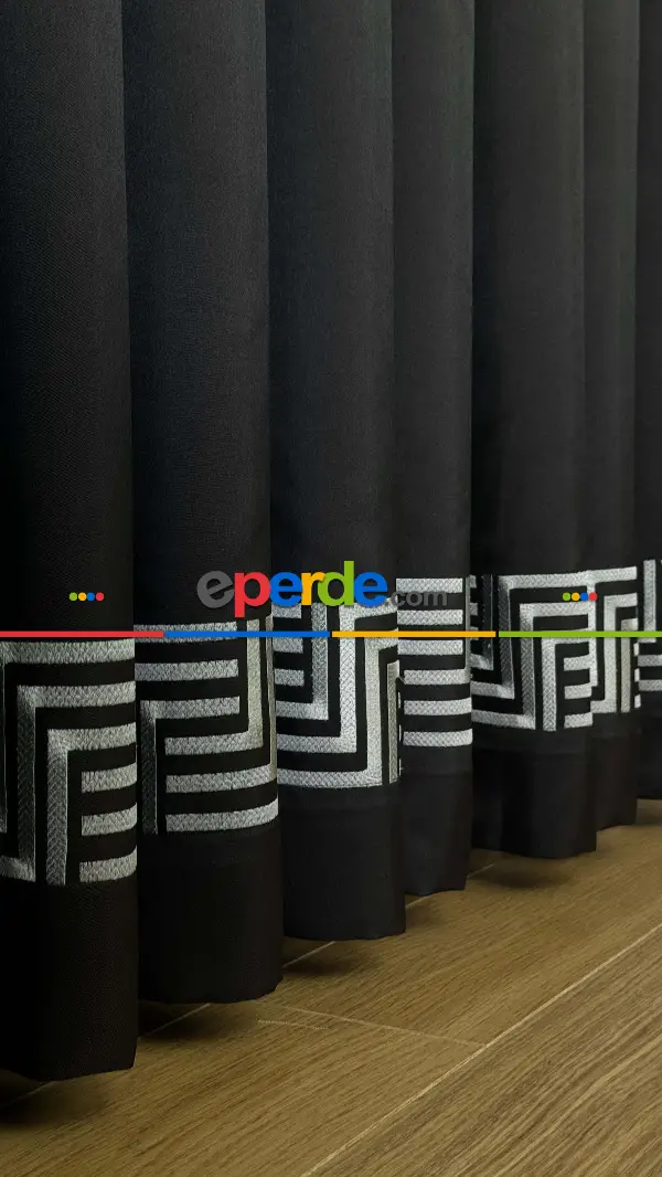 Siyah Etek Ucu Gümüş Nakış İşlemeli Bordür Jakar Dokuma Fon Perde