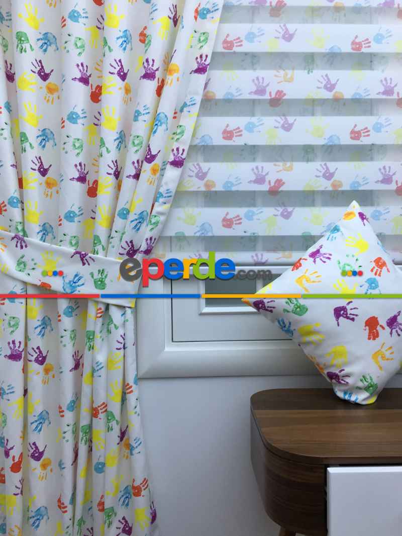 Bebek Odası Fon Perde - Boyalı Eller Baskılı Çocuk Odası Fon Perde - ( Kalın Pamuklu Kumaş)- Yeşil