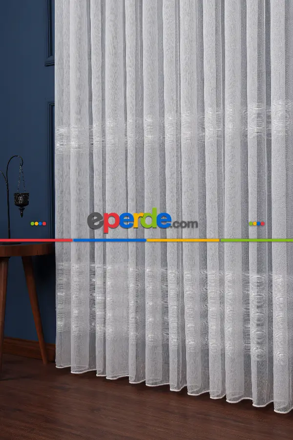 Enine Bantlı Simli Düz Tül Perde Ütü Istemez