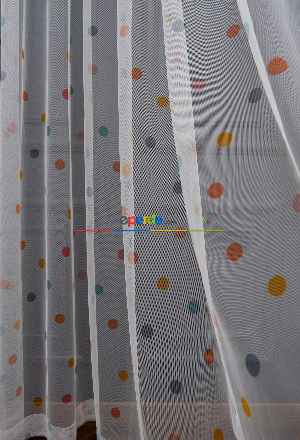 Hazır Ölçülü Petek Zemin Turuncu Ve Mavi Renkli Puantiye Desenli Grek Baskılı Tül Perde