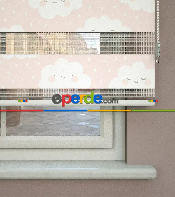 Bulut Desenli Baskılı Zebra Perde- Çok Renkli