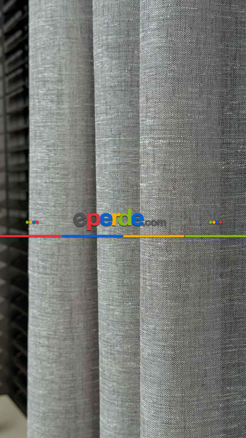 Yatak Odası - Gri, Keten, Büzgülü Ekstraforlu, Düz Tül Perde