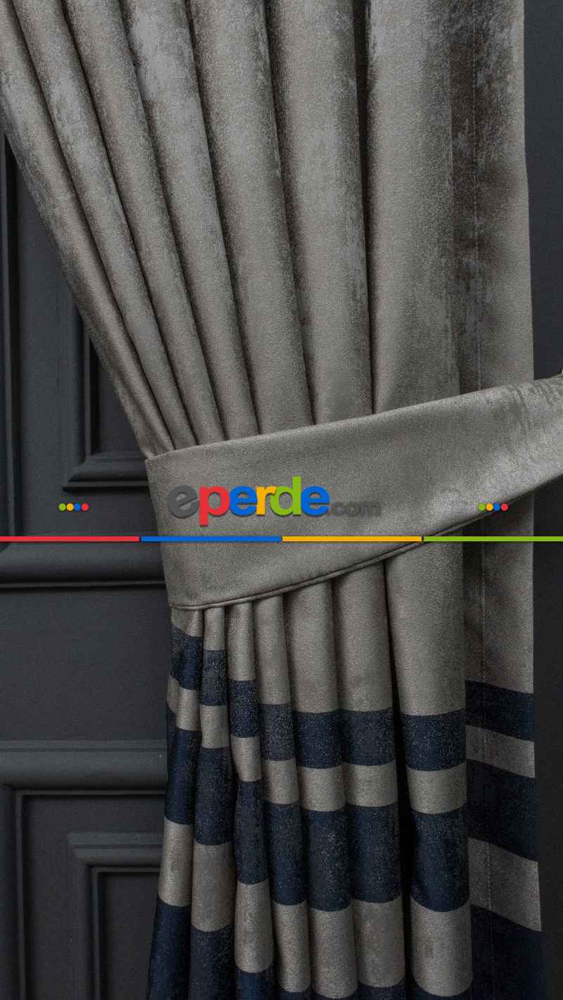 1. Sınıf Jakarlı Pano Fon Perde - Gri Lacivert Bantlı