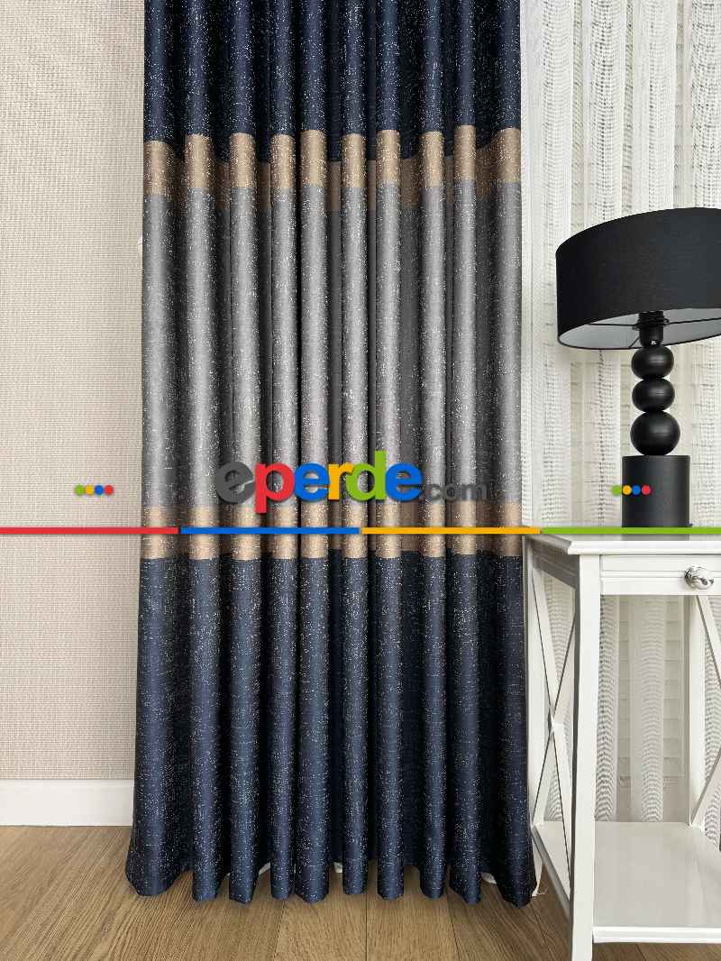 Koyu Lacivert Gri Gold Jakar Dokuma Fon Perde, Parlak Zemin