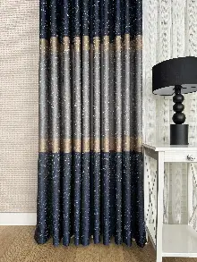 Koyu Lacivert Gri Gold Jakar Dokuma Fon Perde, Parlak Zemin