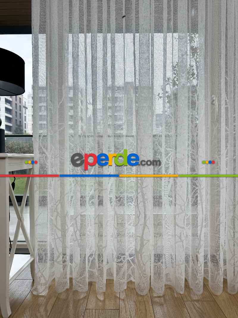 Oturma Odası - Sarmaşık Dal Desenli Fransız Dantel Örme Tül Perde, Desenli Ütü İstemeyen Tül