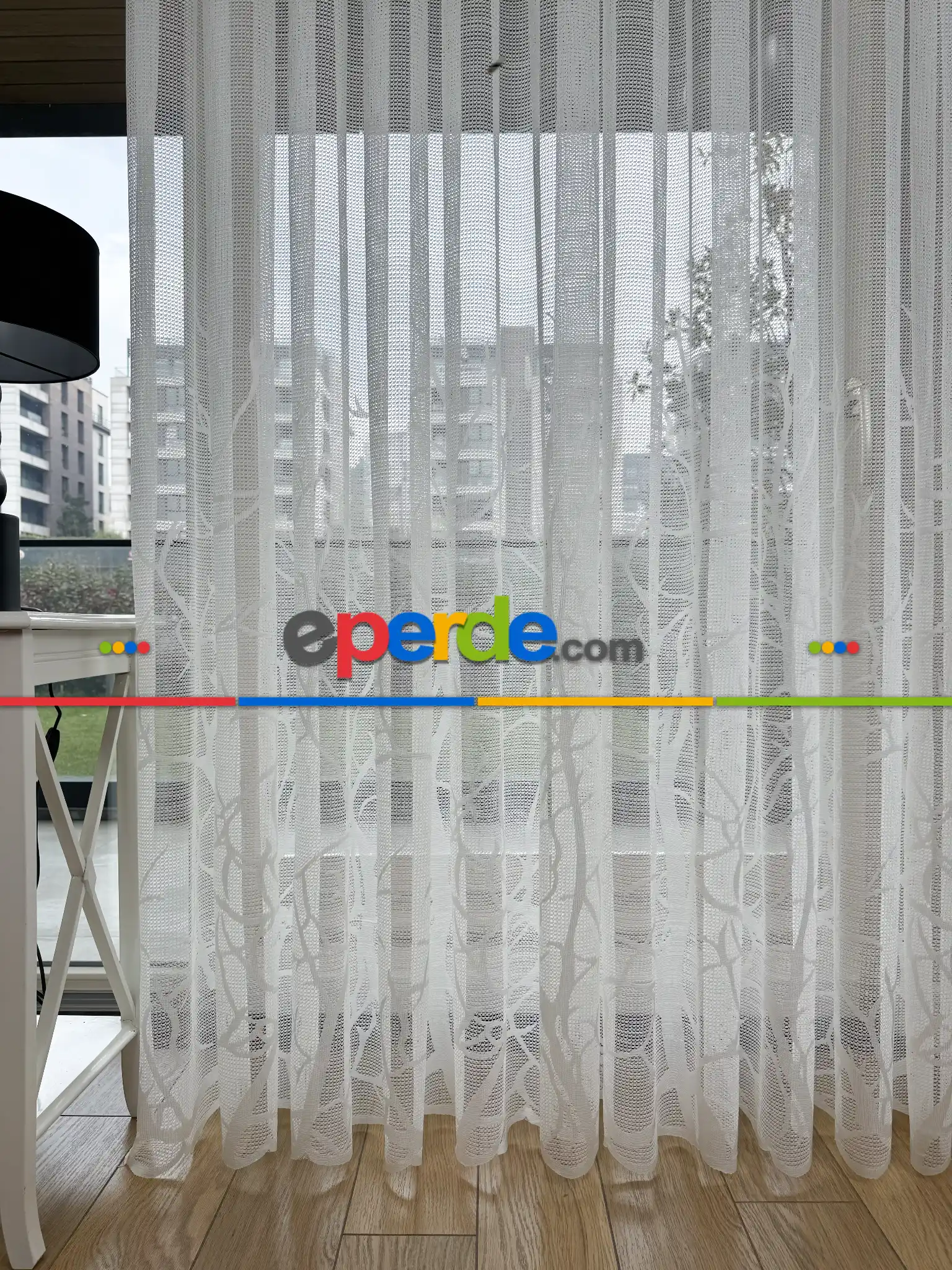 Salon - Sarmaşık Dal Desenli Fransız Dantel Örme Tül Perde, Desenli Ütü İstemeyen Tül