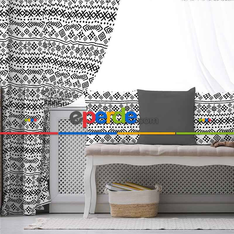 Etnik Fon Perde Evim1513 Kumaşı Kalındır Duck Bezi Değildir- Mavi-beyaz