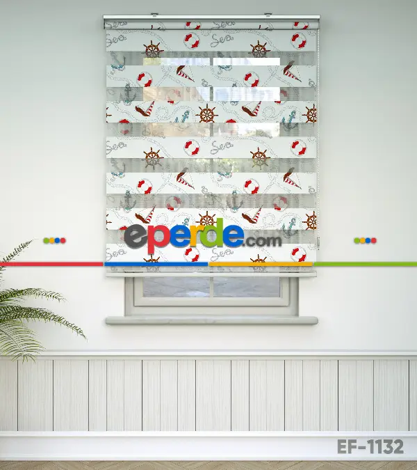 Bebek Odası Zebra Perde - Deniz Feneri Baskılı Zebra Perde- Gri-Füme-Antrasit-Kırmızı-Beyaz-Kahve