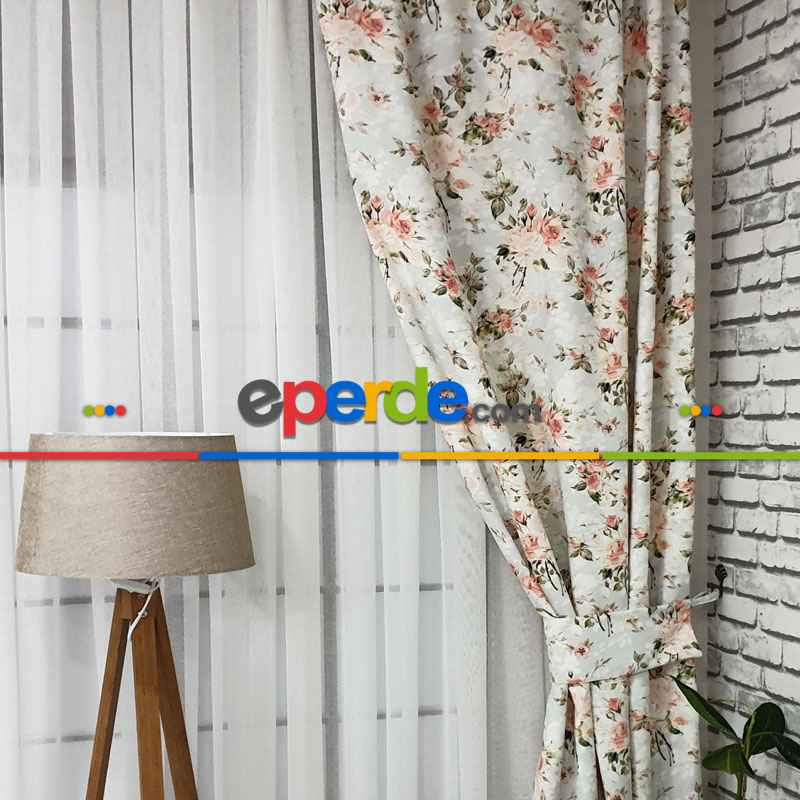 Çiçek Desenli Fon Perde Evm444 - Kumaşı Kalındır Duck Bezi Değildir.- Yeşil-Pembe