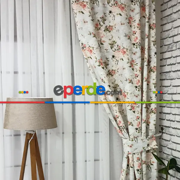 Çiçek Desenli Fon Perde Evm444 - Kumaşı Kalındır Duck Bezi Değildir.- Yeşil-Pembe