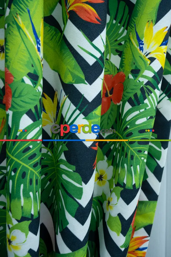 Tropikal Desenli Fon Perde K520 T - Kumaşı Kalındır Duck Bezi Değildir.- Yeşil-Çok Renkli
