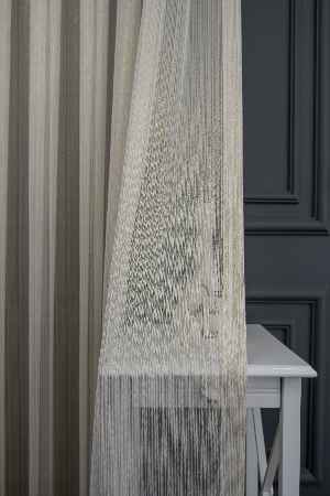 % 50 İndirimli Hazır Ürün Çizgi Altın Gold Simli Çelik Sim Pırıltılı Işıltılı Çizgili Tül Tasarım Perde