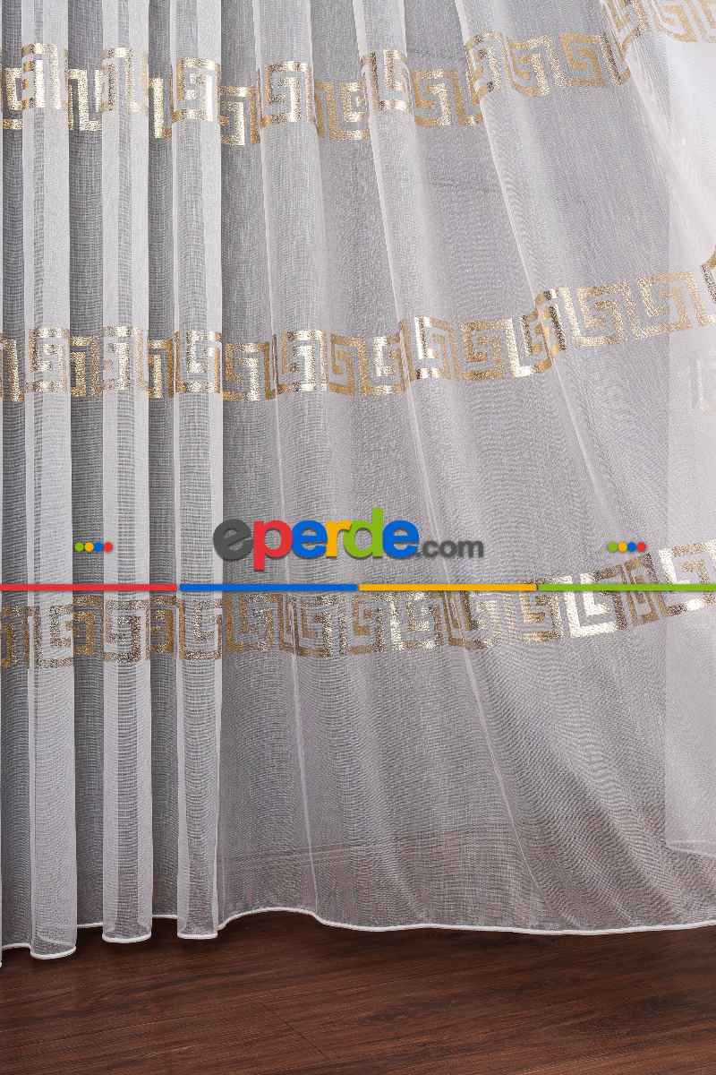 Yatak Odası - Enine Bantlı Ekru-gold Detaylı Tt Zemin Tül Perde