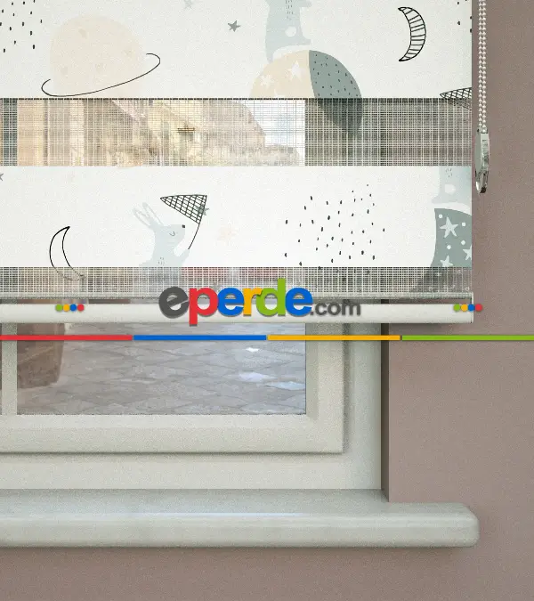 Mint, Krem Ve Siyah Renklerde Gezegen Desenli Baskılı Zebra Perde