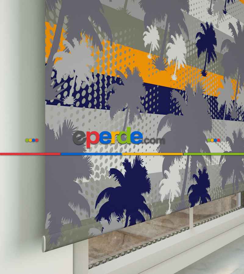 Palmiye Desenli Baskılı Stor Perde- Gri-füme-antrasit-turuncu-çok Renkli