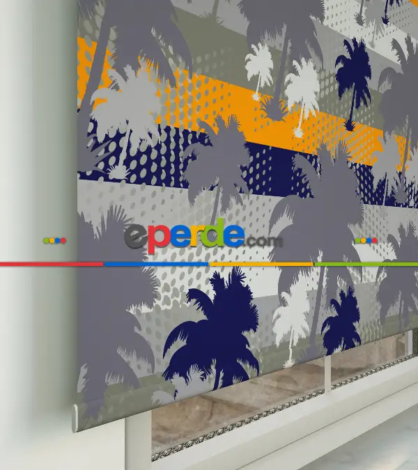 Palmiye Desenli Baskılı Stor Perde- Gri-füme-antrasit-turuncu-çok Renkli