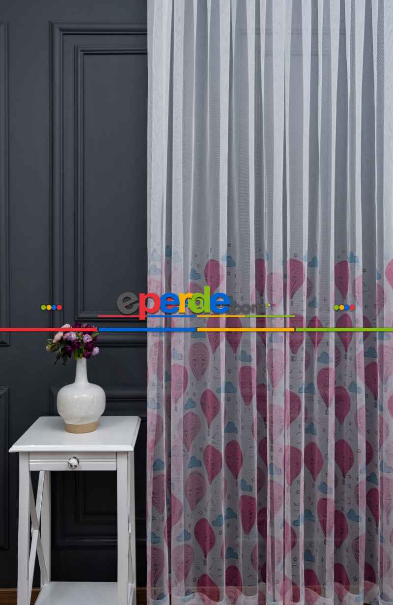 Hazır Ölçülü Petek Zemin Pembe Ve Mavi Renkli Balon Ve Bulut Desenli Grek Baskılı Tül Perde 190cm X 255cm 