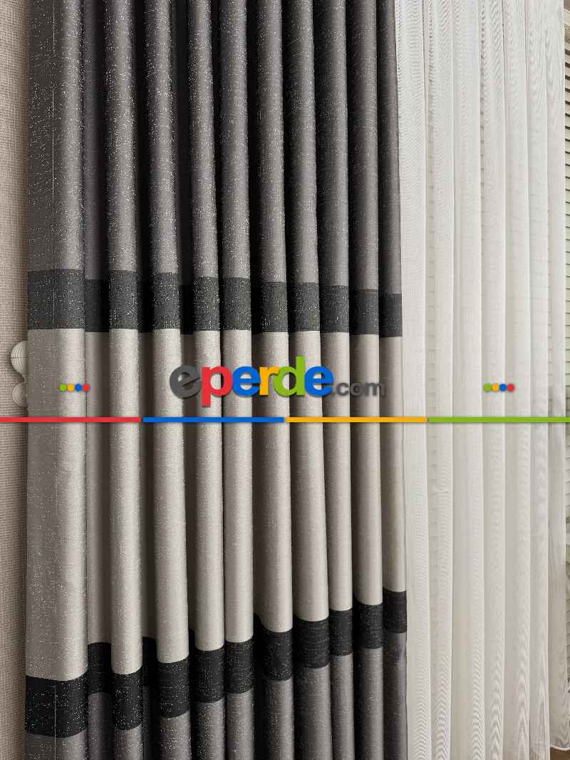 Salon - Gri Kum Beji Jakar Dokuma Fon Perde, Parlak Zemin