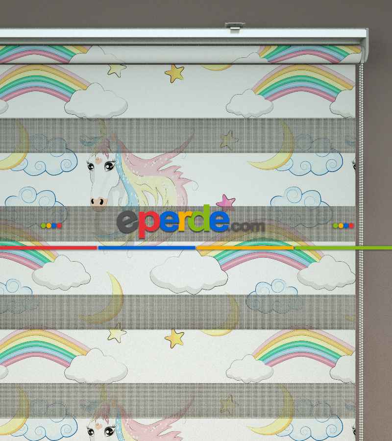Unicorn Desenli Baskılı Zebra Perde- Çok Renkli