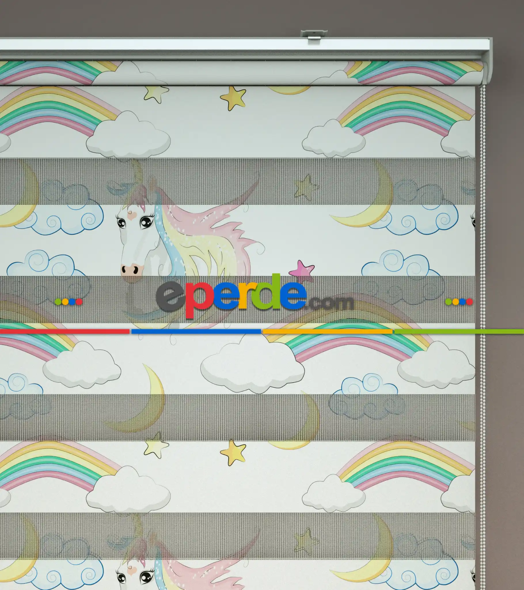 Unicorn Desenli Baskılı Zebra Perde- Çok Renkli