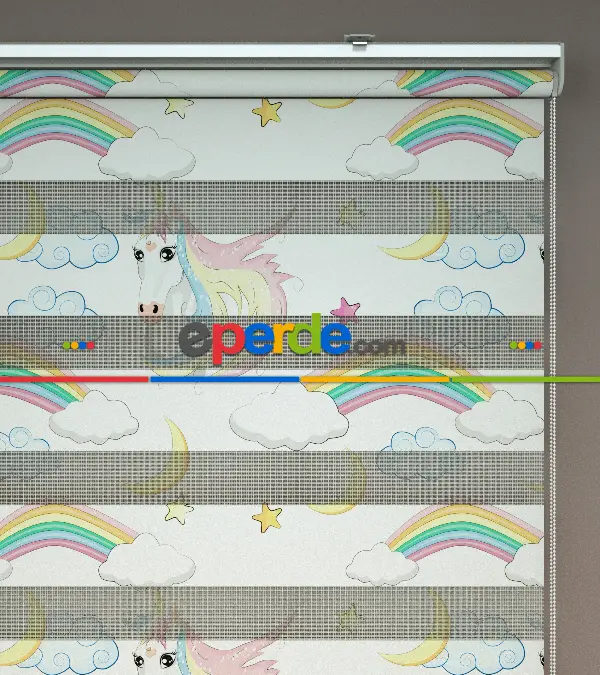 Unicorn Desenli Baskılı Zebra Perde- Çok Renkli