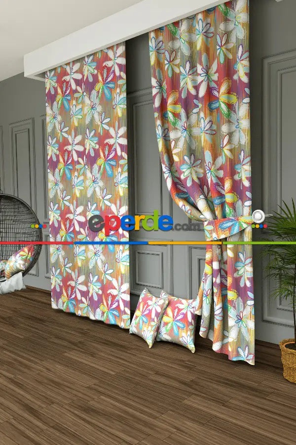 Dökümlü Kumaştan Rengarenk Çiçek Baskılı Fon Perde