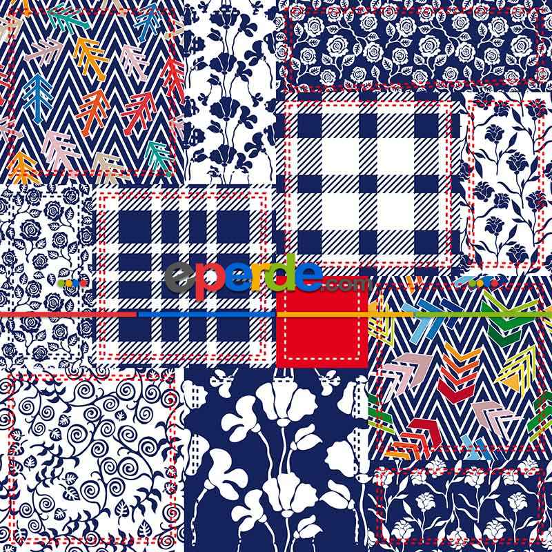 Etnik Desenli Fon Perde Evm213 _e - Kumaşı Kalındır Duck Bezi Değildir.- Lacivert-Mavi-Beyaz-Çok Renkli