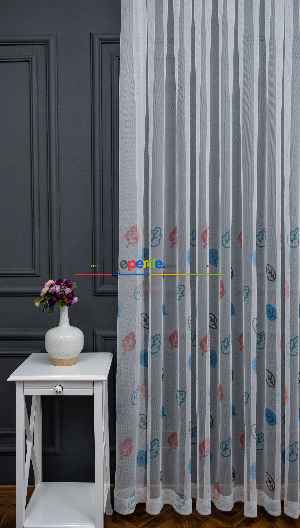 Hazır Ölçülü Petek Zemin Kırmızı Mavi Renkli Yaprak Desenli Grek Baskılı Tül Perde