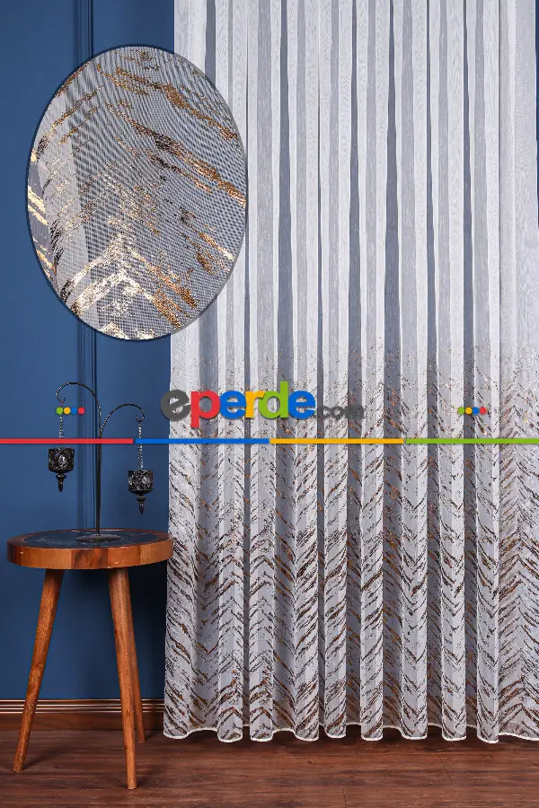 Salon Tül - Larissa Dijital Baskılı Tül Perde Ekru-gold