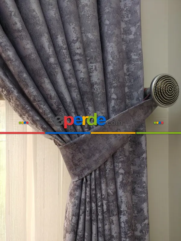 Patinedesenli Lila Koyu Renk Jakar Desenli Fon Perde- Lila Koyu Lila