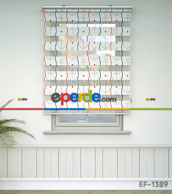 Bebek Odası Zebra Perde - Çapa Desen Baskılı Zebra Perde- Lacivert-Kırmızı