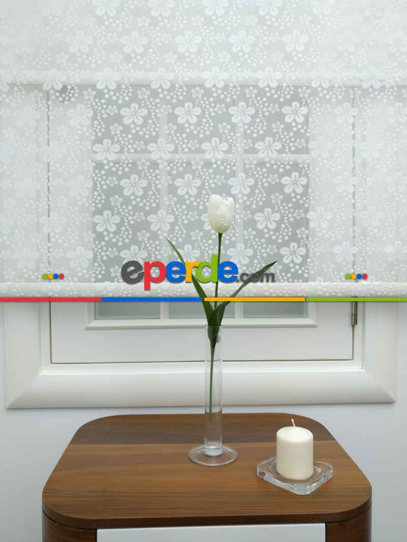 Yatak Odası - Jakar Örme Tül-feray 801 Ekru Çiftli Sistem Dantel Desenli Perde- Ekru