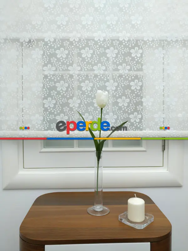 Jakar Örme Tül-feray 801 Ekru Çiftli Sistem Dantel Desenli Perde- Ekru