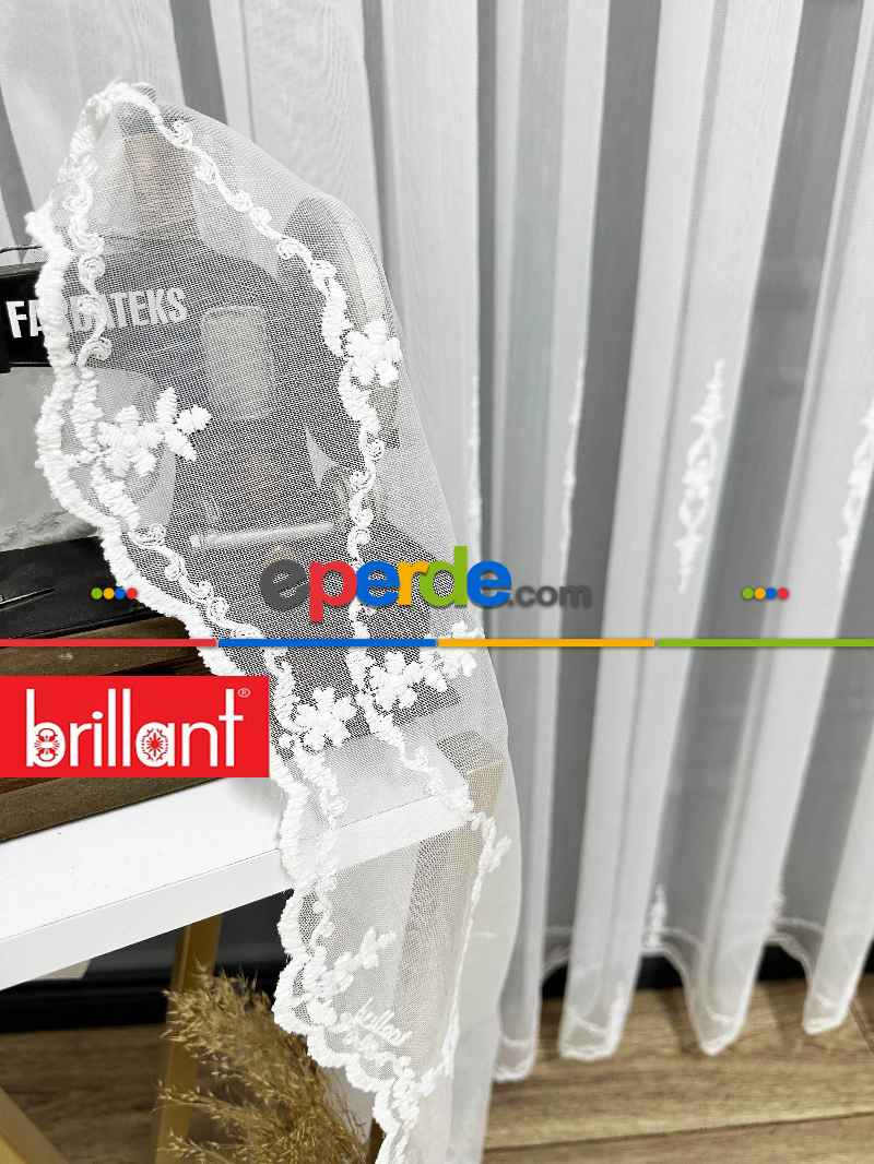 Brillant Ayna Desen Beyaz İşlemeli Tül Perde