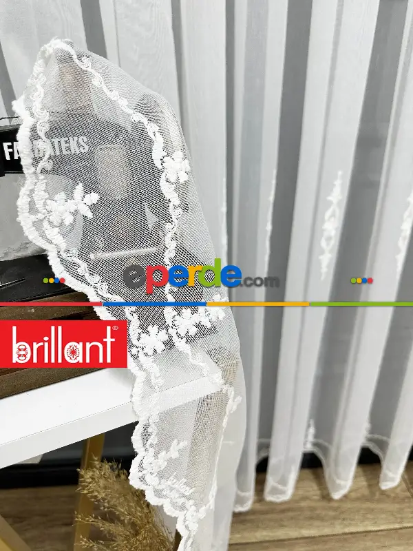Brillant Ayna Desen Beyaz İşlemeli Tül Perde