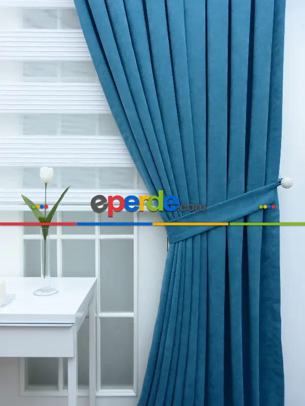 %25 İndirimli!!! Petrol Mavisi Fon Perde (fon Demiri Hediyeli)- Mavi